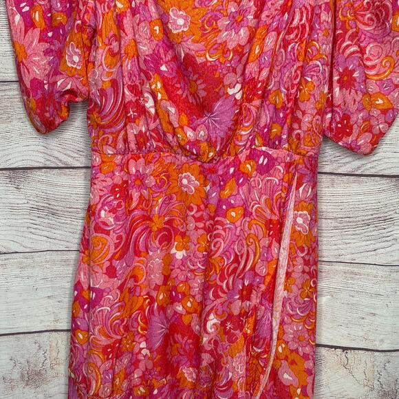 Ted Baker Pink Beth Floral Spring Square Neck Puff Sleeve Faux Wrap Mini Dress 4 - Picture 10 of 14